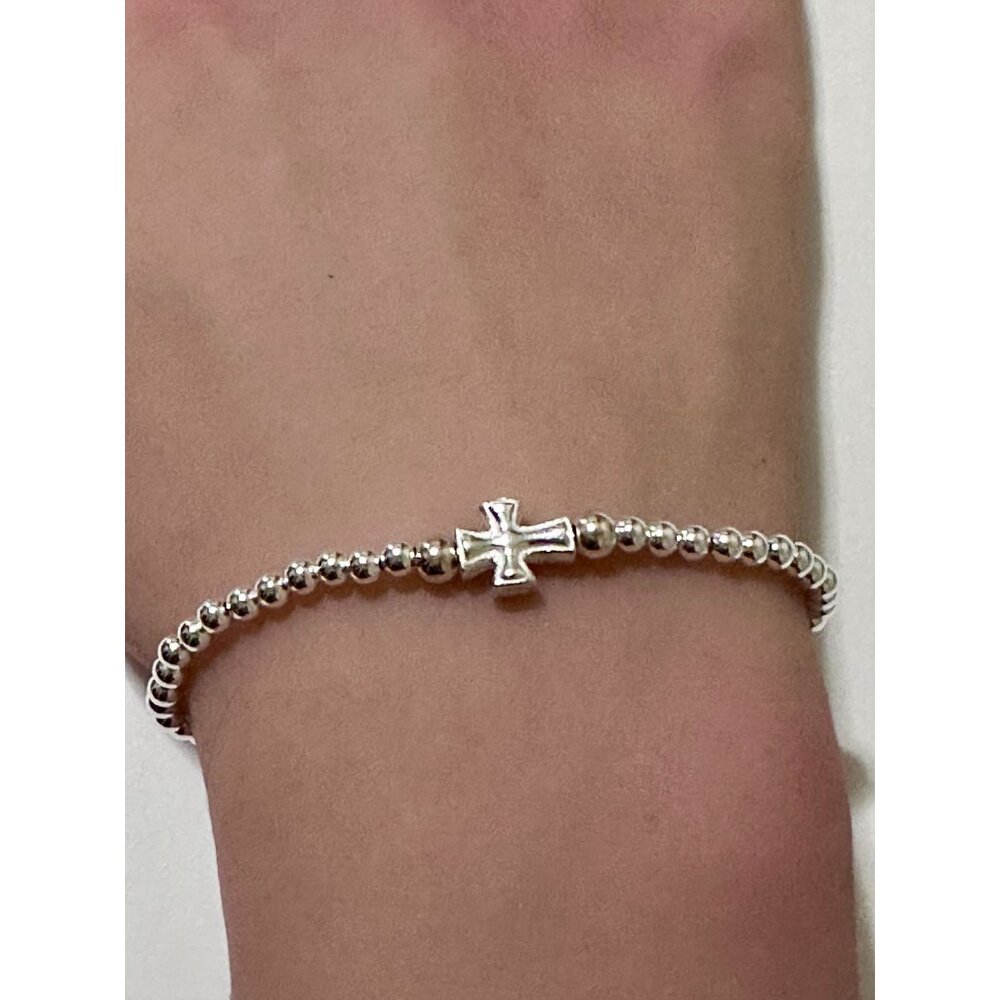 925 Sterling Silver Beaded Stretch Stacking Bracelet Minimalist Cross Religious - Picture 4 of 5